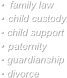 
  family law 
 child custody 
• child support    paternity 
• guardianship 
• divorce